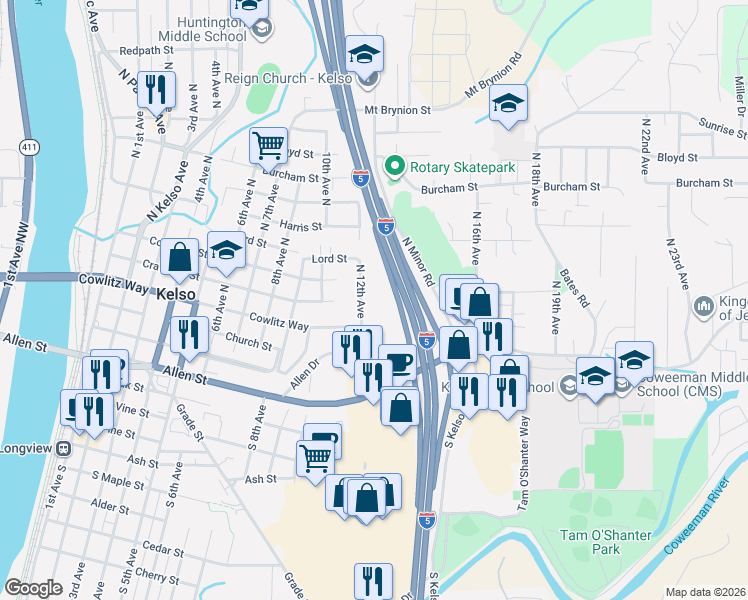 map of restaurants, bars, coffee shops, grocery stores, and more near 1301 Cowlitz Way in Kelso