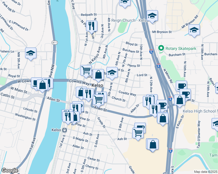 map of restaurants, bars, coffee shops, grocery stores, and more near 505 Church Street in Kelso