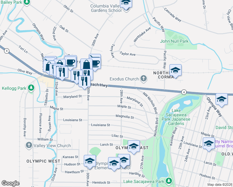 map of restaurants, bars, coffee shops, grocery stores, and more near 2025 28th Avenue in Longview