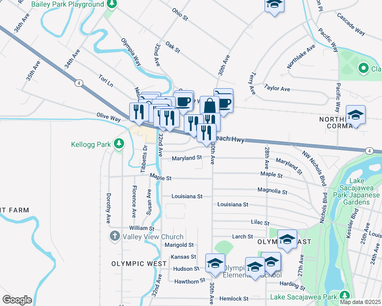 map of restaurants, bars, coffee shops, grocery stores, and more near 3045 Maryland Street in Longview