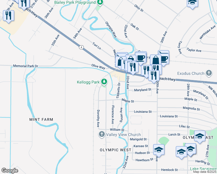 map of restaurants, bars, coffee shops, grocery stores, and more near 1940 33rd Avenue in Longview