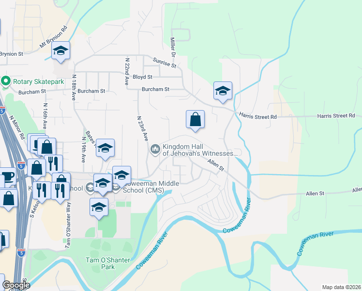 map of restaurants, bars, coffee shops, grocery stores, and more near 413 Peacock Lane in Kelso