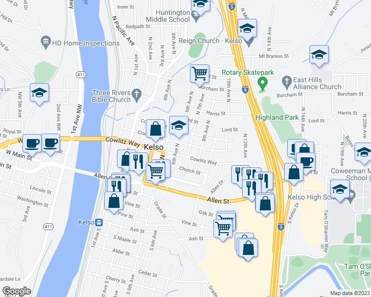 map of restaurants, bars, coffee shops, grocery stores, and more near 306 North 7th Avenue in Kelso