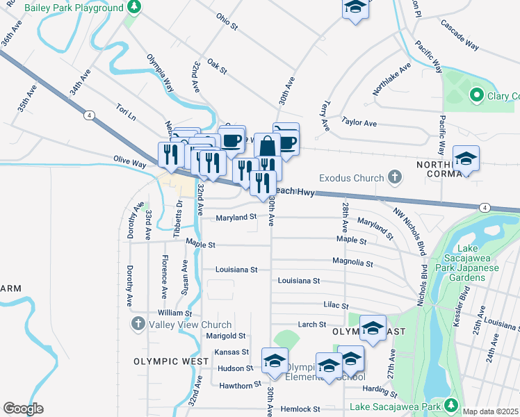 map of restaurants, bars, coffee shops, grocery stores, and more near 2071 30th Avenue in Longview