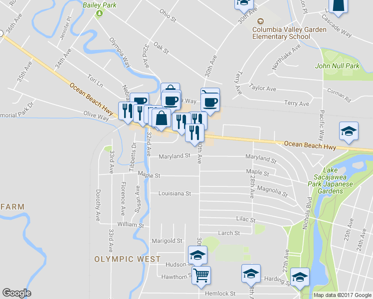 map of restaurants, bars, coffee shops, grocery stores, and more near 3045 Maryland Street in Longview