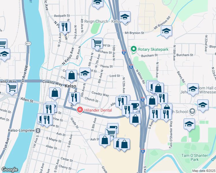 map of restaurants, bars, coffee shops, grocery stores, and more near 905 Crawford Street in Kelso