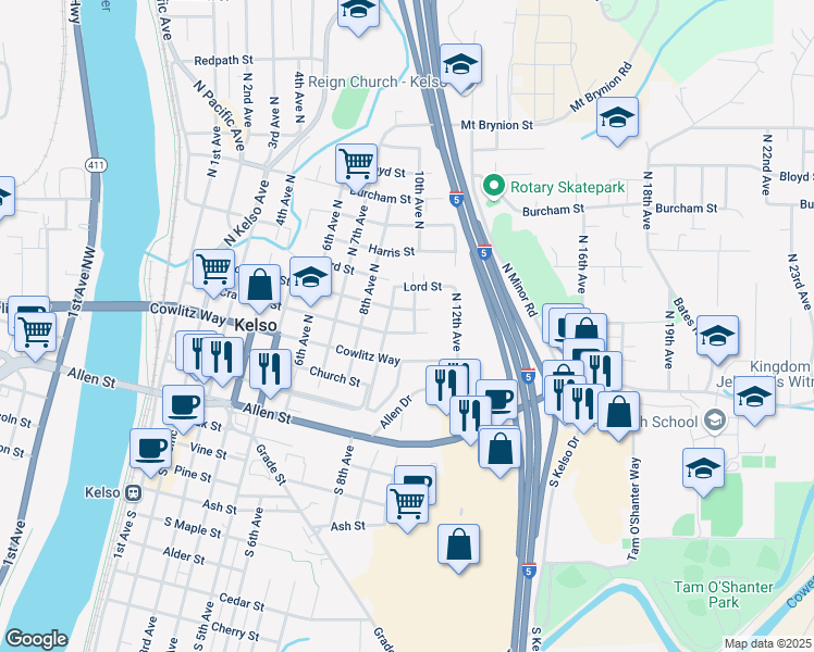 map of restaurants, bars, coffee shops, grocery stores, and more near 909 Crawford Street in Kelso