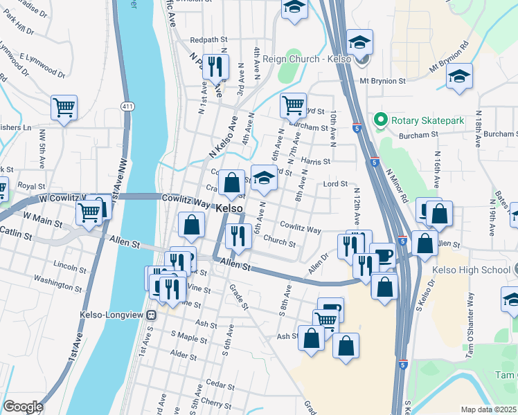 map of restaurants, bars, coffee shops, grocery stores, and more near in Kelso
