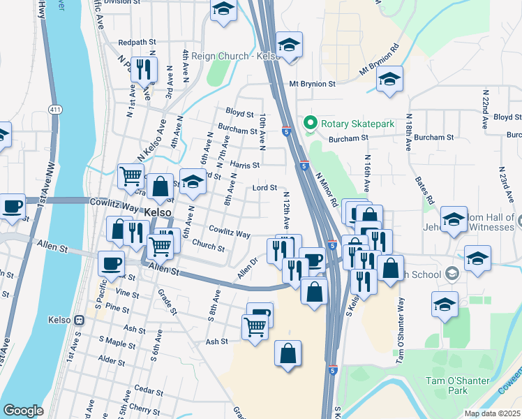 map of restaurants, bars, coffee shops, grocery stores, and more near 905 Columbia Street in Kelso