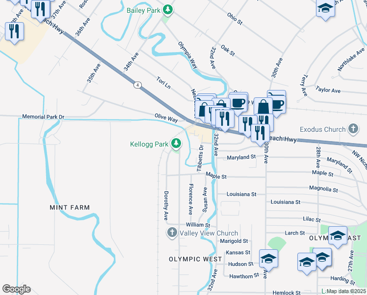map of restaurants, bars, coffee shops, grocery stores, and more near 1961 33rd Avenue in Longview