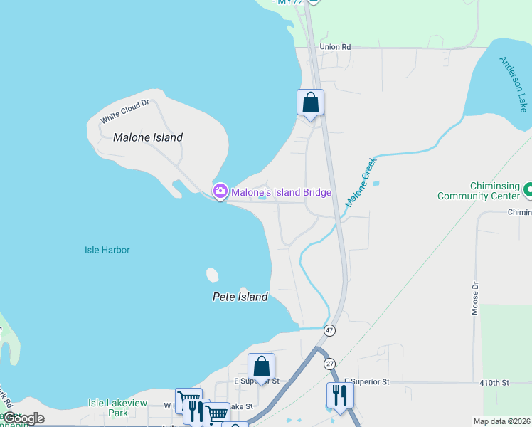 map of restaurants, bars, coffee shops, grocery stores, and more near 1290 Malone Park Road in Isle