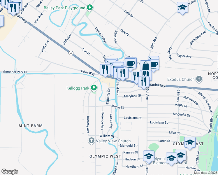 map of restaurants, bars, coffee shops, grocery stores, and more near 2142 Tibbetts Drive in Longview