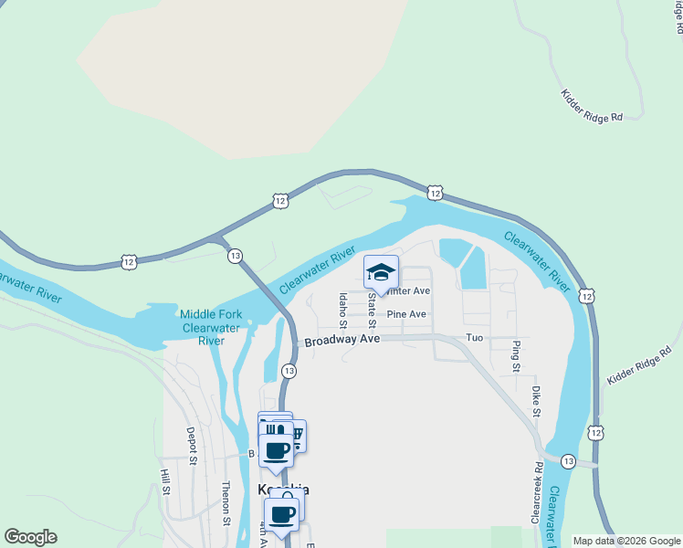 map of restaurants, bars, coffee shops, grocery stores, and more near 714 State Street in Kooskia