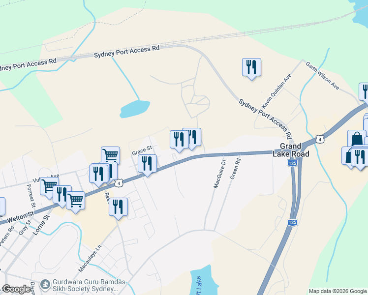 map of restaurants, bars, coffee shops, grocery stores, and more near 535 Grand Lake Road in Sydney