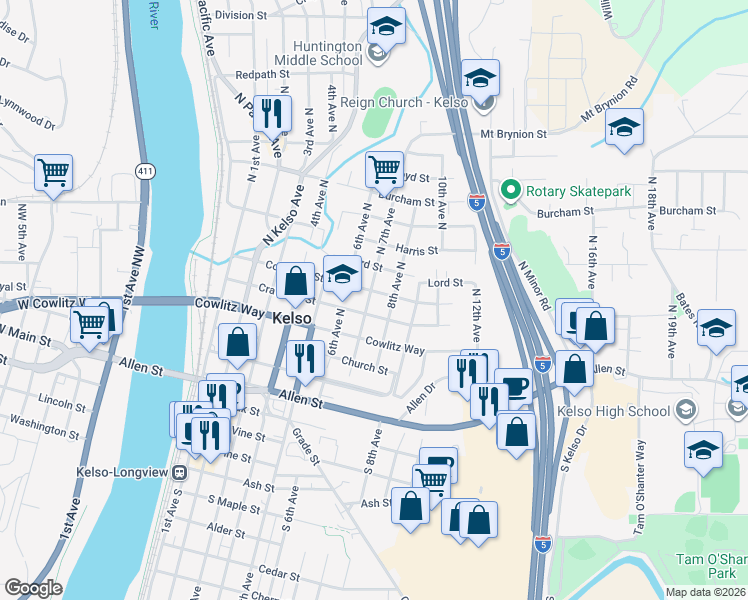 map of restaurants, bars, coffee shops, grocery stores, and more near 604 Columbia Street in Kelso