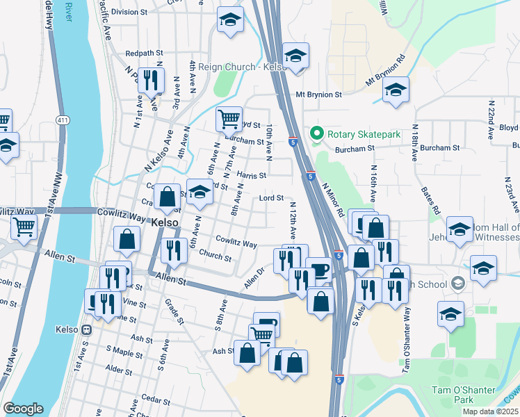 map of restaurants, bars, coffee shops, grocery stores, and more near 905 Columbia Street in Kelso