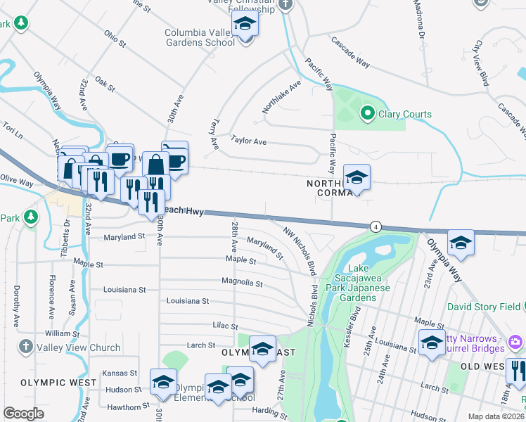 map of restaurants, bars, coffee shops, grocery stores, and more near 2786 Ocean Beach Highway in Longview