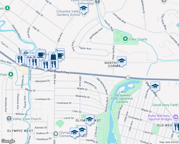 map of restaurants, bars, coffee shops, grocery stores, and more near 2786 Ocean Beach Highway in Longview