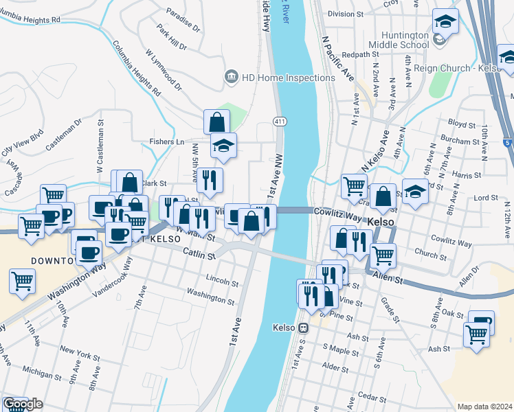 map of restaurants, bars, coffee shops, grocery stores, and more near 302 Fishers Court in Kelso