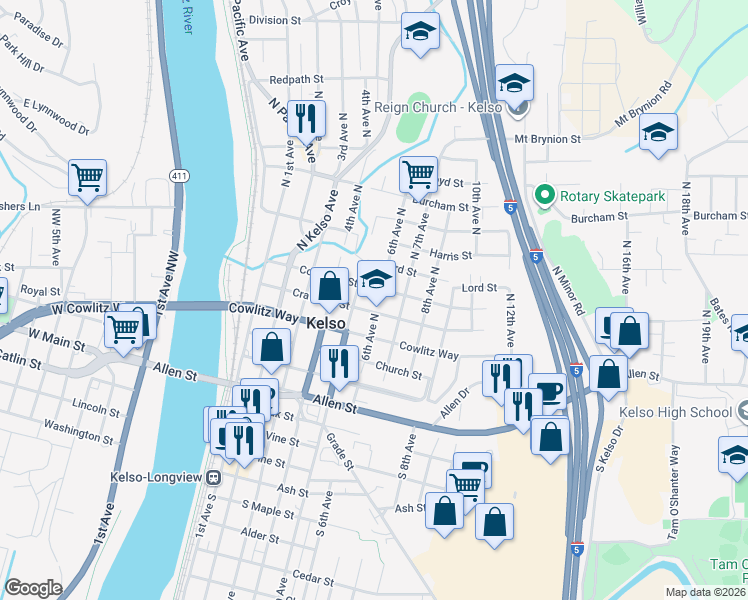 map of restaurants, bars, coffee shops, grocery stores, and more near 601 Crawford Street in Kelso