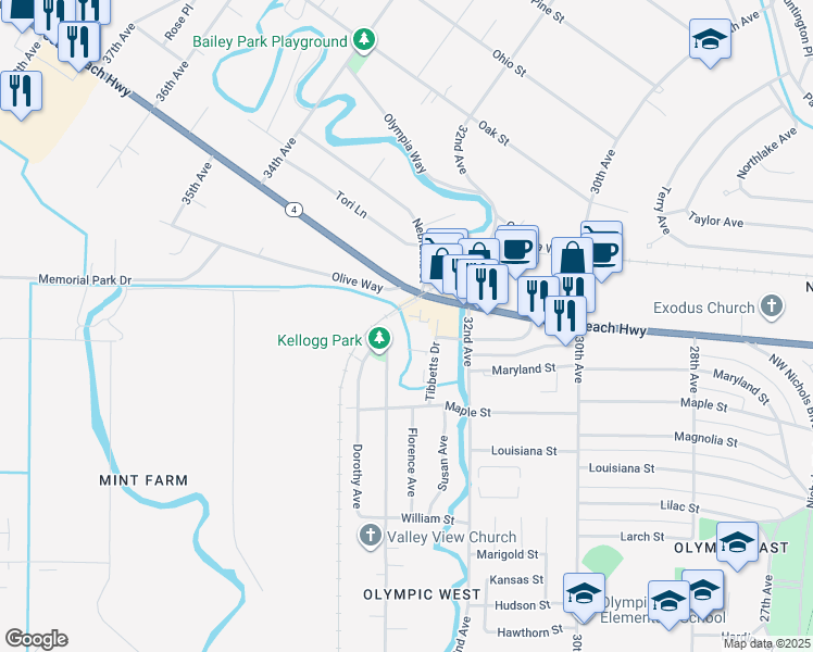 map of restaurants, bars, coffee shops, grocery stores, and more near 2125 Tibbetts Drive in Longview