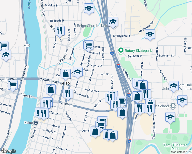 map of restaurants, bars, coffee shops, grocery stores, and more near 905 Columbia Street in Kelso