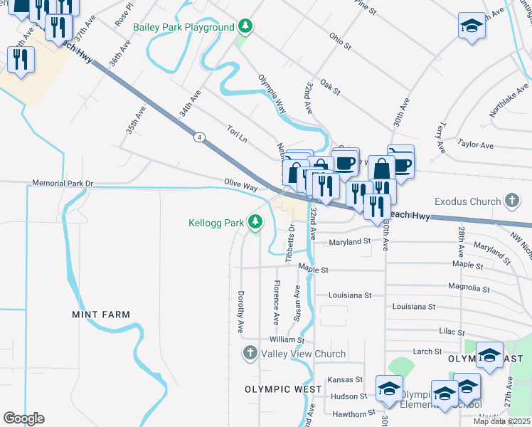 map of restaurants, bars, coffee shops, grocery stores, and more near 1961 33rd Avenue in Longview