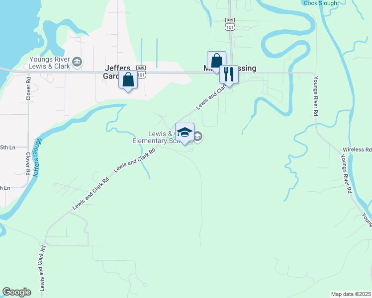 map of restaurants, bars, coffee shops, grocery stores, and more near 92179 Lewis and Clark Road in Astoria