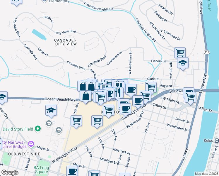map of restaurants, bars, coffee shops, grocery stores, and more near 1071 South Clark Street in Longview