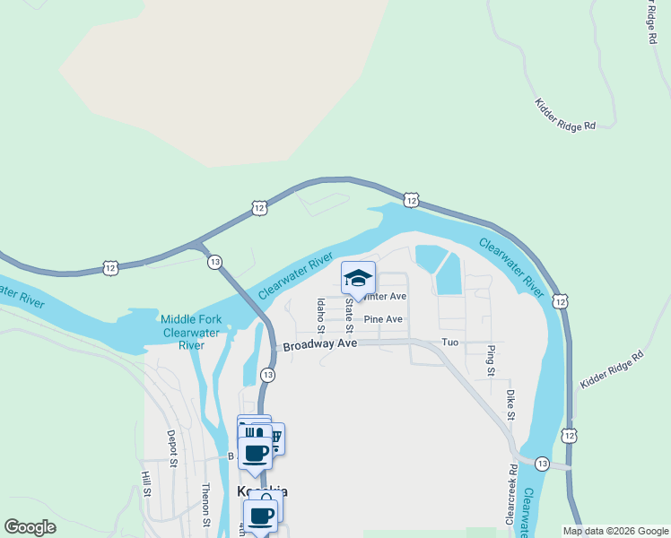 map of restaurants, bars, coffee shops, grocery stores, and more near 714 State Street in Kooskia