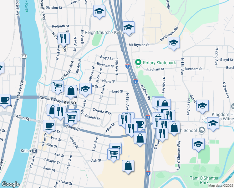 map of restaurants, bars, coffee shops, grocery stores, and more near 604 10th Avenue North in Kelso