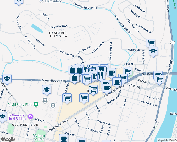map of restaurants, bars, coffee shops, grocery stores, and more near 1071 South Clark Street in Longview