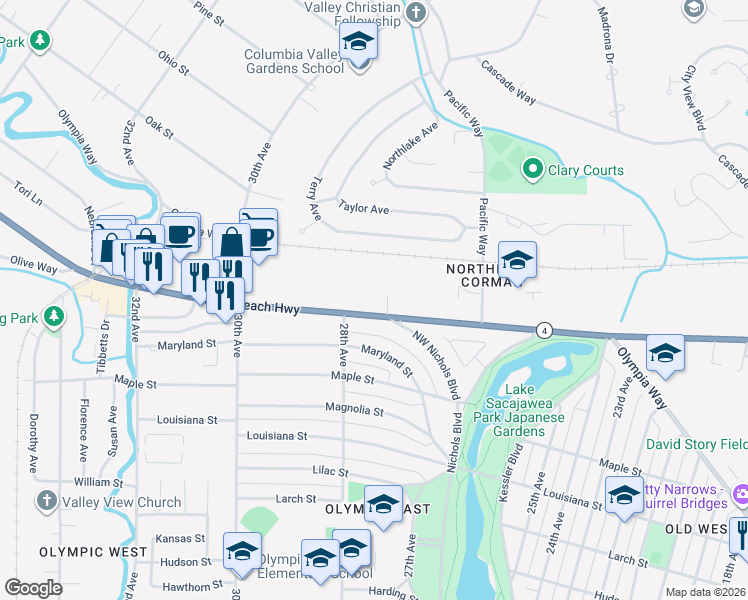 map of restaurants, bars, coffee shops, grocery stores, and more near 2786 Ocean Beach Highway in Longview