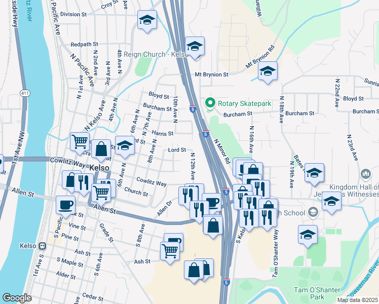 map of restaurants, bars, coffee shops, grocery stores, and more near 605 North 12th Avenue in Kelso