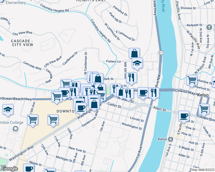map of restaurants, bars, coffee shops, grocery stores, and more near 201 8th Avenue Northwest in Kelso