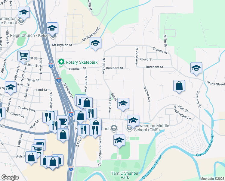 map of restaurants, bars, coffee shops, grocery stores, and more near 500 Bates Road in Kelso