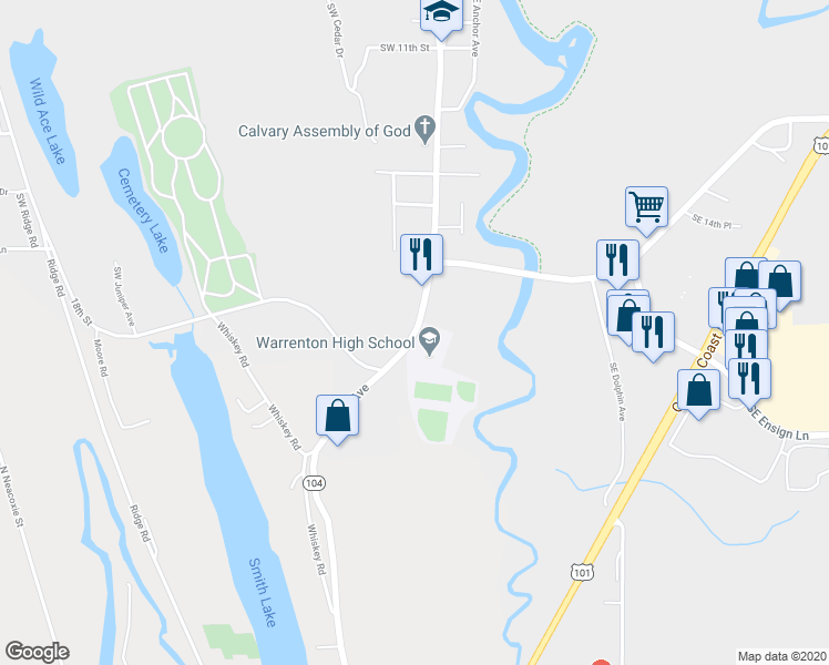 map of restaurants, bars, coffee shops, grocery stores, and more near 1363 Fort Stevens Highway in Warrenton