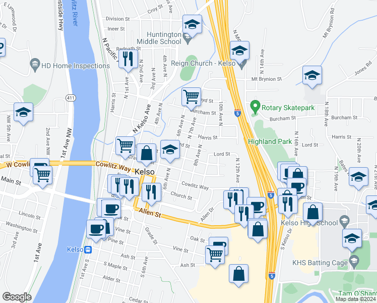 map of restaurants, bars, coffee shops, grocery stores, and more near 604 North 7th Avenue in Kelso