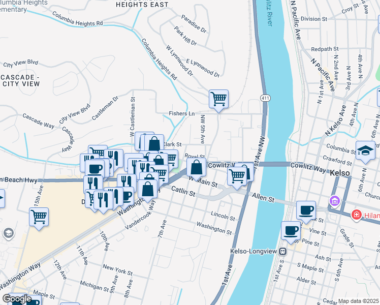 map of restaurants, bars, coffee shops, grocery stores, and more near 506 Royal Street in Kelso