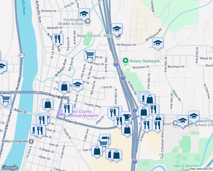 map of restaurants, bars, coffee shops, grocery stores, and more near 1003 Lord Street in Kelso