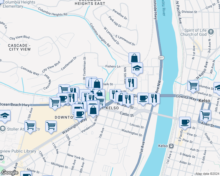 map of restaurants, bars, coffee shops, grocery stores, and more near 208 Northwest 8th Avenue in Kelso