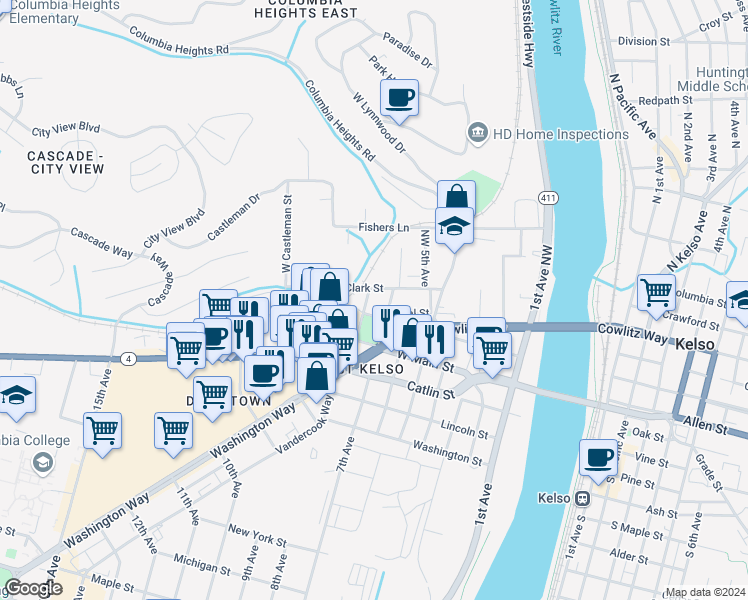 map of restaurants, bars, coffee shops, grocery stores, and more near 703 Grant Street in Kelso