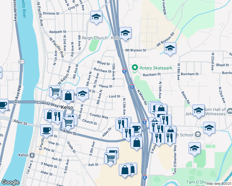 map of restaurants, bars, coffee shops, grocery stores, and more near 605 North 12th Avenue in Kelso