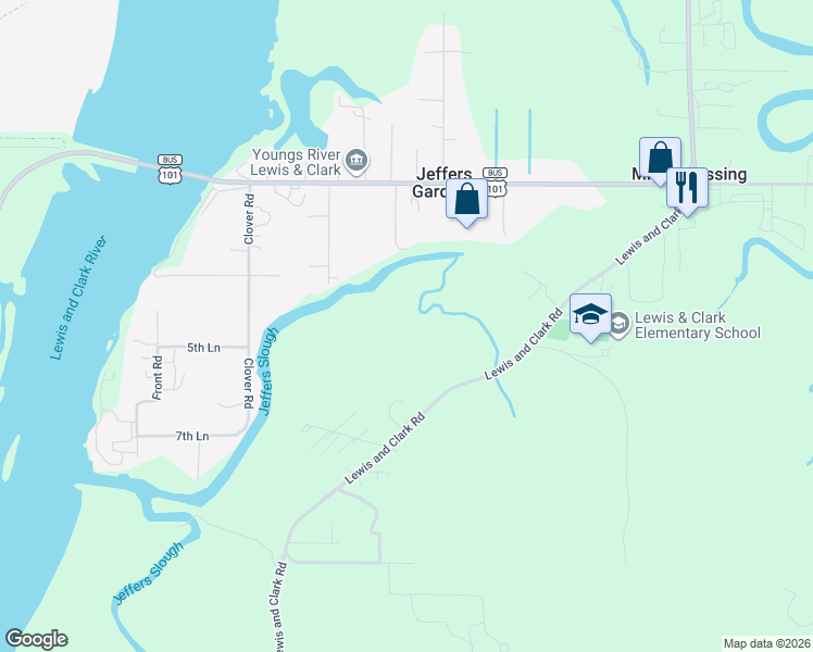 map of restaurants, bars, coffee shops, grocery stores, and more near 92000 Lewis and Clark Road in Astoria