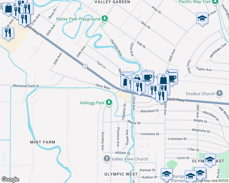 map of restaurants, bars, coffee shops, grocery stores, and more near 1961 33rd Avenue in Longview