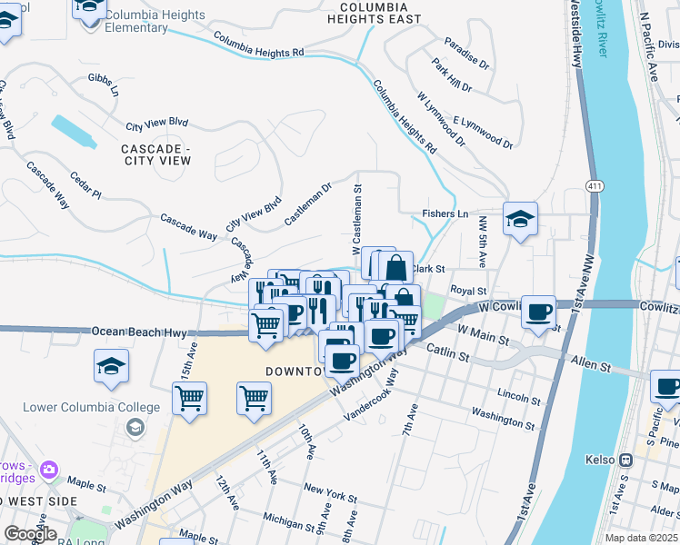 map of restaurants, bars, coffee shops, grocery stores, and more near 971 South Clark Street in Longview