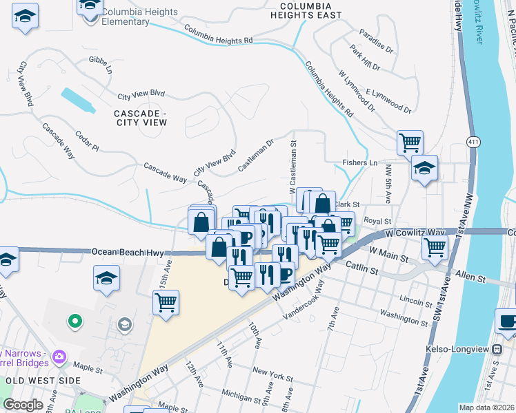 map of restaurants, bars, coffee shops, grocery stores, and more near 1207 Spruce Street in Longview