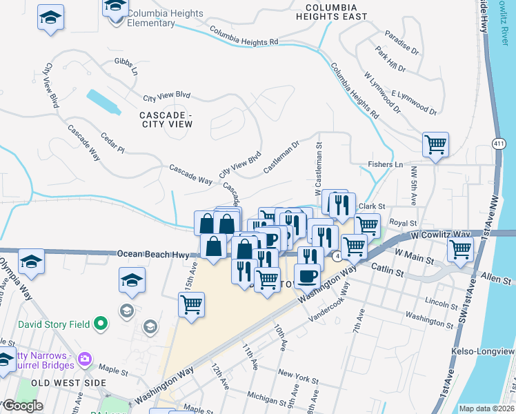 map of restaurants, bars, coffee shops, grocery stores, and more near 1240 Sycamore Street in Longview
