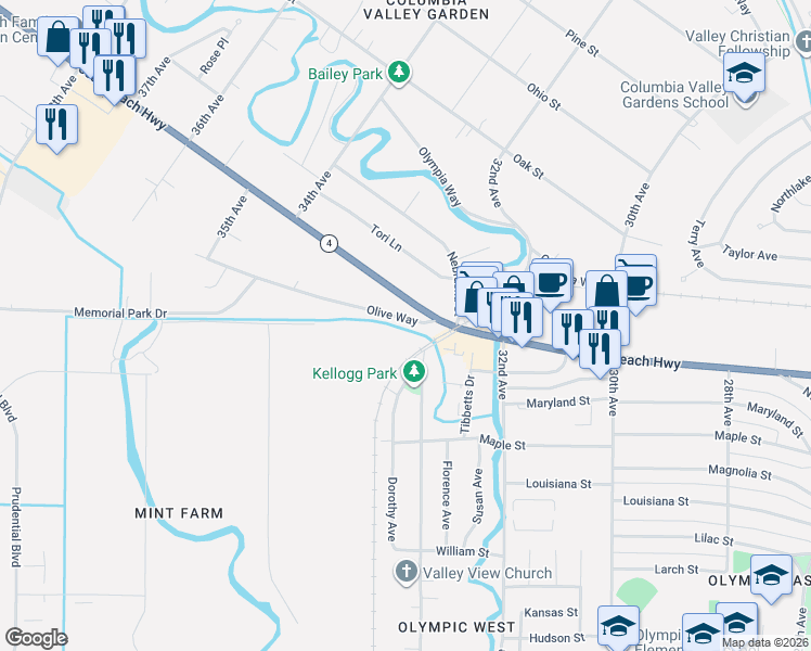 map of restaurants, bars, coffee shops, grocery stores, and more near 3284 Washington 4 in Longview