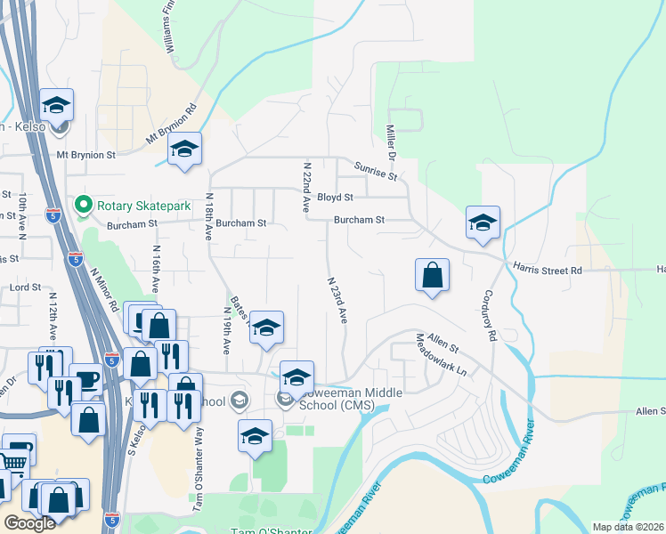 map of restaurants, bars, coffee shops, grocery stores, and more near in Kelso